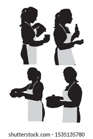 set silhouette of girl in apron with kitchen utensils vector illustration