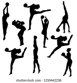 Set silhouette girl gymnast with the ball on white background