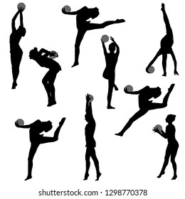 Set silhouette girl gymnast with the ball on white background