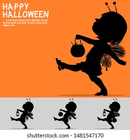 Set of silhouette girl with Halloween costume on transparent background.