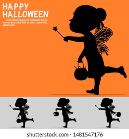 Set of silhouette girl with Halloween costume on transparent background.
