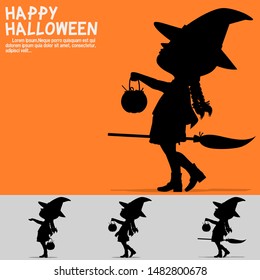 Set of silhouette girl with Halloween costume on transparent background.
