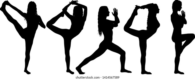 Set silhouette girl on yoga class in pose on a white background