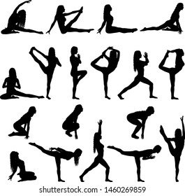 Set silhouette girl on yoga class in pose on a white background
