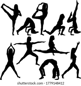 Set silhouette girl on yoga class in pose on a white background