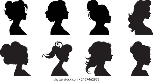 Set of silhouette of a girls head, face in profile, woman faces profiles, Girls profiles illustration set, isolated on white background