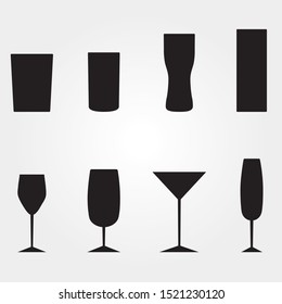 Set of silhouette glass icons. Collection of glasses. Vector illustration.