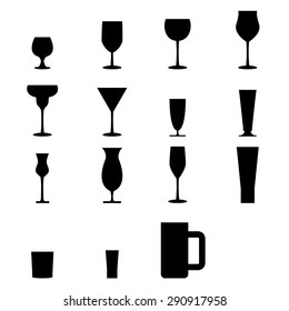 Set of  silhouette glass Icons. Wine glasses, brandy, whiskey,martinis and other. isolated on white background