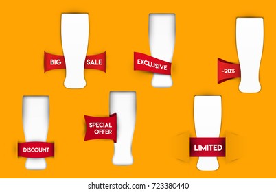 Set of silhouette glass with red ribbon in paper cut trendy craft style. Template voucher, coupon, banner or sticker for design branding, advertising, promote. Vector illustration.