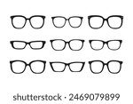 Set of silhouette glasses of various shapes and sizes. The glasses are all black and arranged in a row isolated on a white background