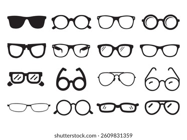 Set of silhouette glasses of various shapes and sizes. The glasses are all black and arranged in a row isolated on a white background.
