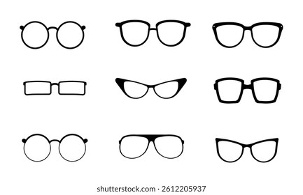 Set of silhouette glasses of various shapes and sizes. The glasses are all black and arranged in a row isolated on a white background. Black frame eyeglasses for businessman, eyeglasses.