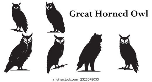 Un conjunto de ilustraciones vectoriales de Silhouette Great Horned Owl. 