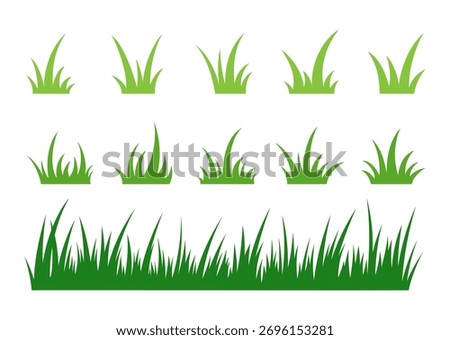 A set of silhouette of green grass, a collection of icons, isolated on a white background. Graphic flat illustration, vector. Grass bunches of different shapes. Lawn, lawn, field element for design