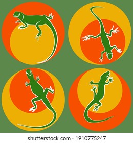 set of silhouette of green lizards with white outline on bright multicilired roun spots