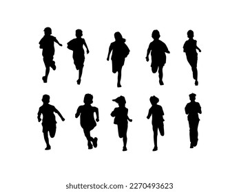 set of silhouette group kids running, playing enjoy the freedom