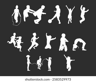 Set of silhouette group kids running, laughing, playing together enjoy the happiness	