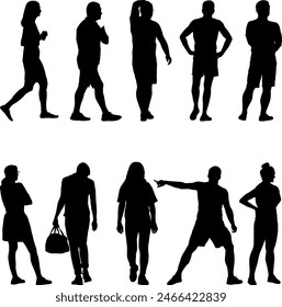 Set silhouette Group of People Standing on White Background.