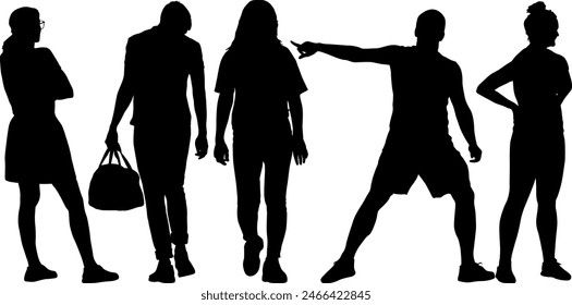 Set silhouette Group of People Standing on White Background.