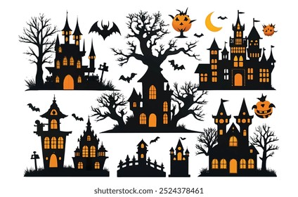 Set of Silhouette Halloween Castle, Haunted houses or spooky village with trees. isolated on white background, Vector