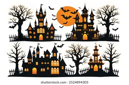 Conjunto de Silueta Castillo de Halloween, casas encantadas o pueblo espeluznante con árboles. aislado sobre fondo blanco, Vector