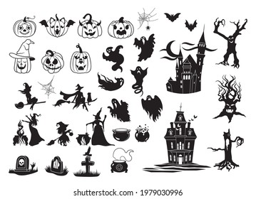 Set of silhouette for Halloween. Collection of mythical monsters and witches, pumpkin. Creepy figure of magical creatures. Vector illustration on white background. Tattoo.