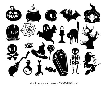 Set of silhouette for Halloween. Collection of mythical monsters and witches, pumpkin. Creepy figure of magical creatures. Vector illustration on white background. Tattoo.