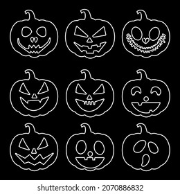 set of silhouette Halloween pumpkin with happy face on black background