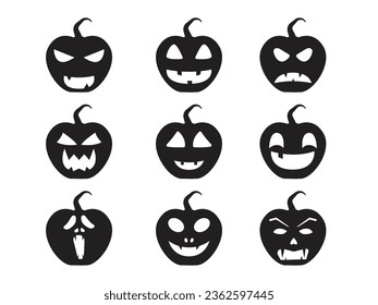 Set of Silhouette Halloween Pumpkin Horror face flat design