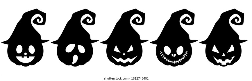 set silhouette Halloween pumpkin and witches hat