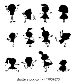 Set of silhouette hand drawing happiness cartoon concept, happy people and kids with different posture vector illustration