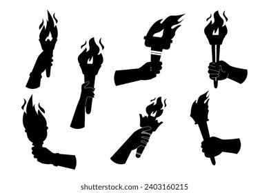 Set of silhouette hand holding olympus torch