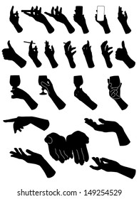 Set of silhouette hands . Hand holding different objects. Vector illustration