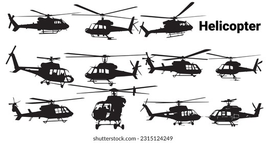 Un conjunto de ilustraciones vectoriales del helicóptero de silueta sobre fondo blanco