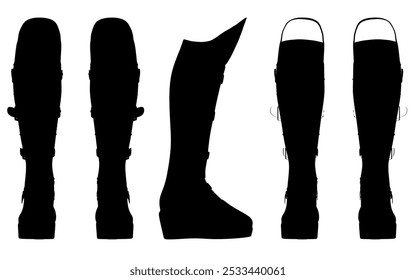 Conjunto con una silueta de botas altas con cierres de líneas negras aisladas sobre un fondo blanco. Vista frontal, lateral, trasera. Ilustración vectorial.