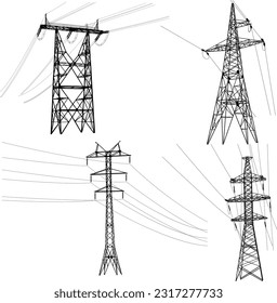Set silhouette of high voltage power lines on a white background.