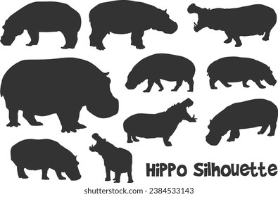 set of silhouette of hippo