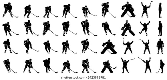 set of silhouette of hockey athlete. isolated on transparent background.