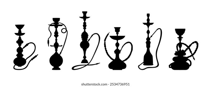 Set of silhouette hookah. Black and white hookahs.