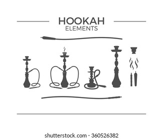 Set of silhouette Hookah design elements. Use for labels, badges. Vintage shisha logo symbols. Lounge cafe emblem, icon.  Arabian bar or house, shop. Isolated vector illustration