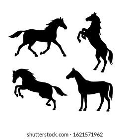 Set of silhouette of horses. Isolated black silhouette of galloping, jumping running, trotting, rearing horse on white background. Side view.