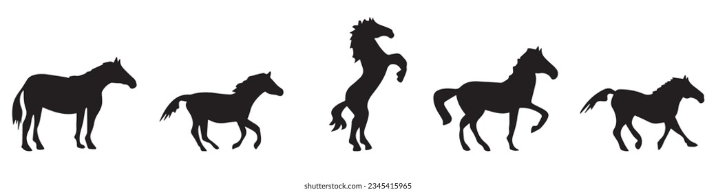 Set of silhouette of horses. Isolated black silhouette of galloping, jumping running, trotting, rearing horse on white background.EPS 10