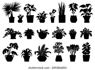 Set silhouette houseplant. Indoor black and white house plants in flower pot outline doodle illustration.