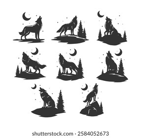 Set of Silhouette of a howling wolf collection with simple scenery and pine trees, Wolf on a rock howling at the moon eclipse, Halloween or scary story, isolated on white background, wild animal.