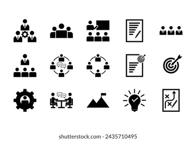set of silhouette icon set bysubess. Icon vector manage, training, team, project, employee, leadership, teamwork, mission	