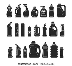 Set silhouette icon different bottle detergent, cleaner spray, air freshener and laundry liquid 