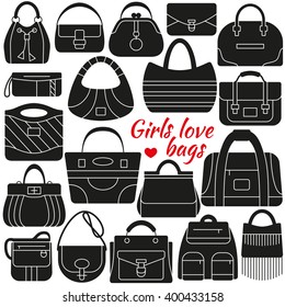 Set of silhouette icon. Different women bags. Simple design. Vector illustration
