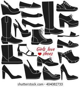 Set of silhouette icon. Different women shoes. Simple design. Vector illustration