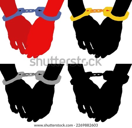 Set of silhouette icon of hands shackled with handcuff, isolated against white. Vector illustration.