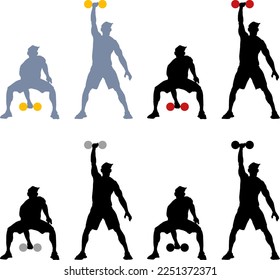 Set of silhouette icon of male physical instructor performing the single arm overhead press with a dumbbell, isolated against white. Vector illustration.